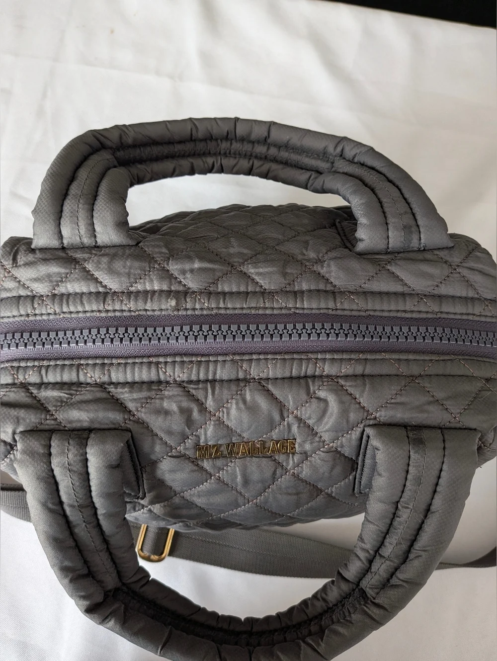 MZ Wallace Quilted Crossbody Satchel in Gray with Gold Hardware - Picture 5 of 10
